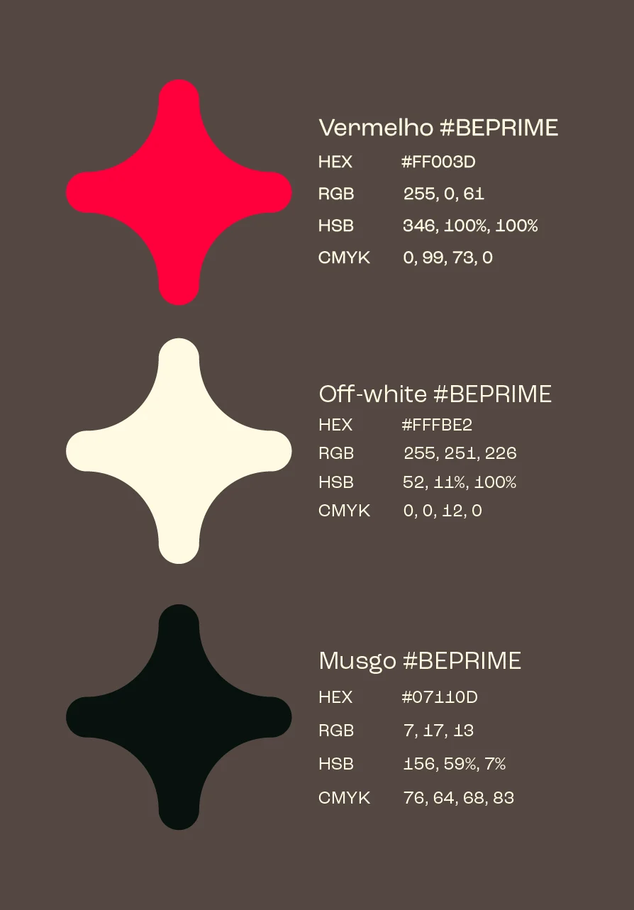 Prancha de paleta com códigos hex, RGB, HSB e CMYK das três cores oficiais