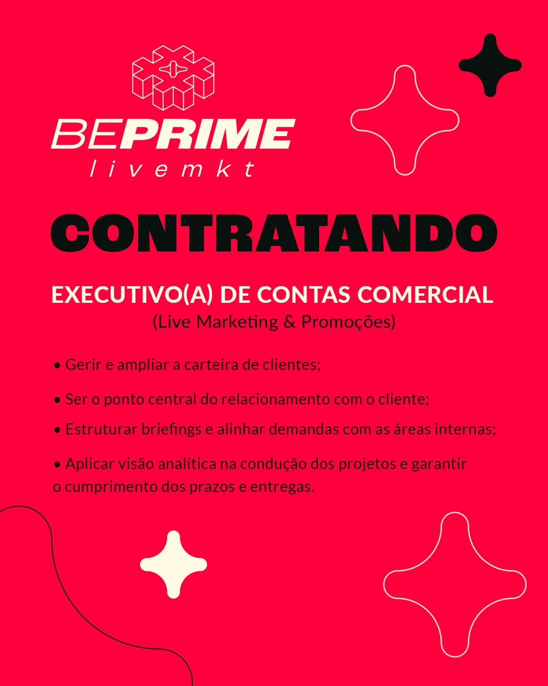 Stories de anúncio de vaga em campo vermelho cheio com estrelas agigantadas