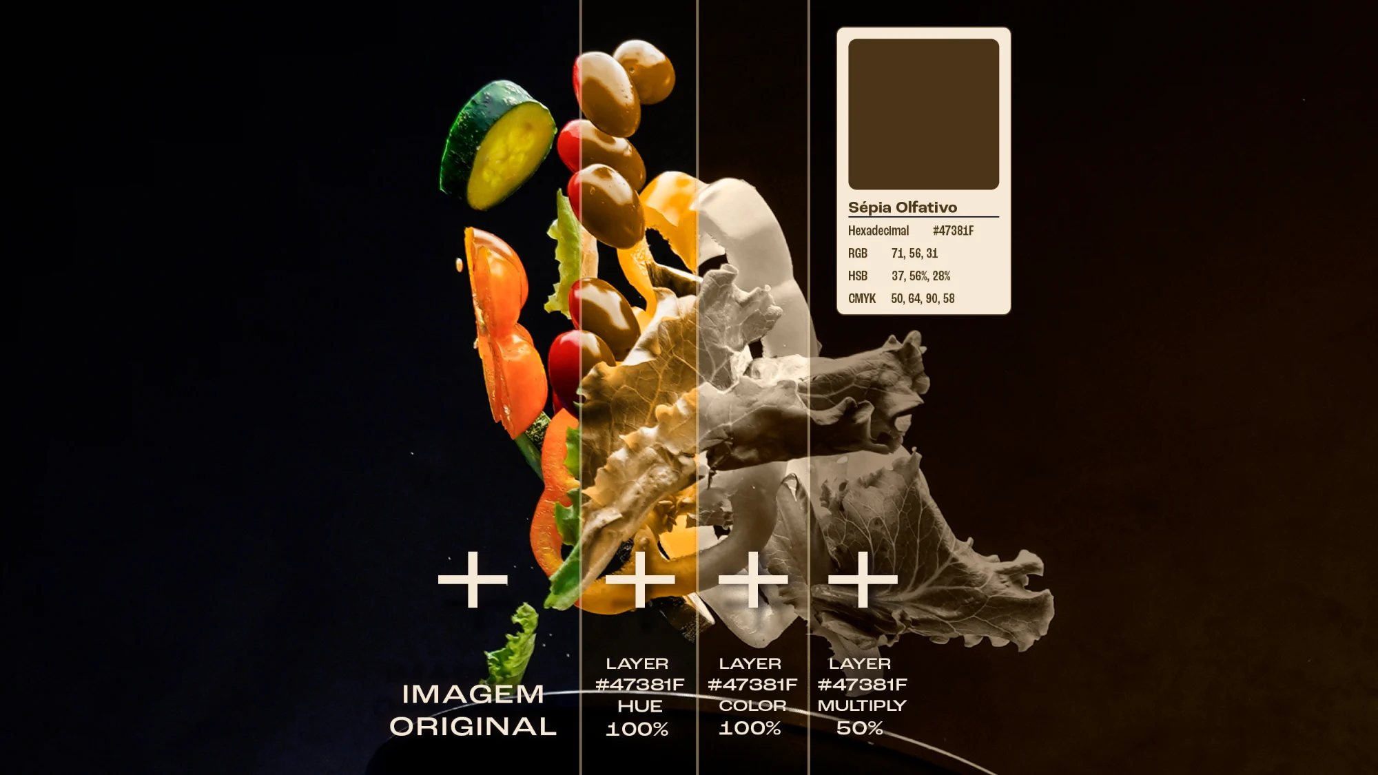 Fórmula de tratamento: imagem original mais camadas de #47381F em hue, color e multiply, resultando no sépia olfativo