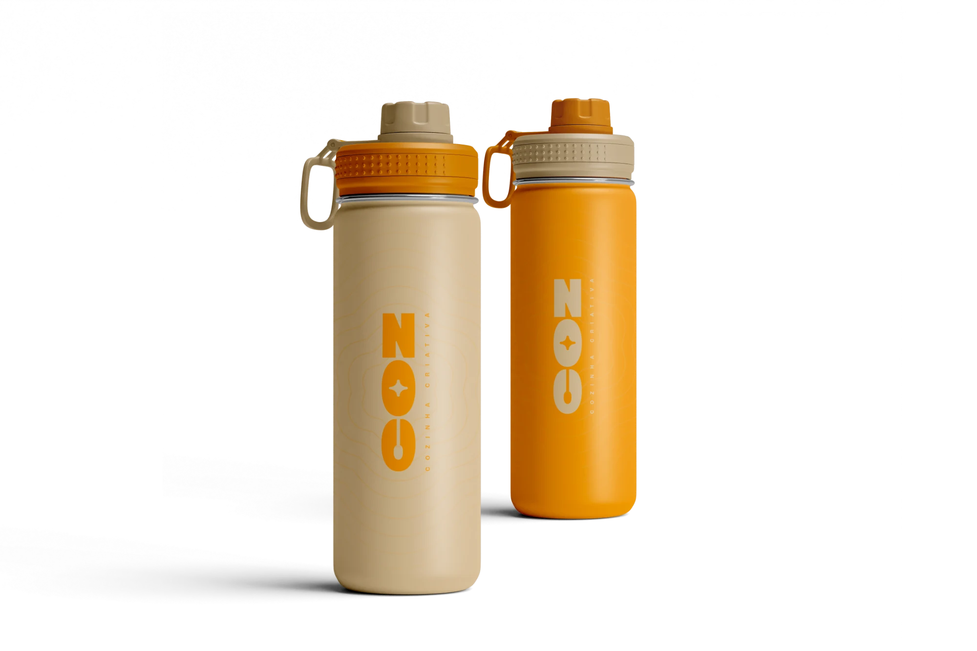 Duas garrafas térmicas COZ, uma creme e uma açafrão, com logotipo vertical