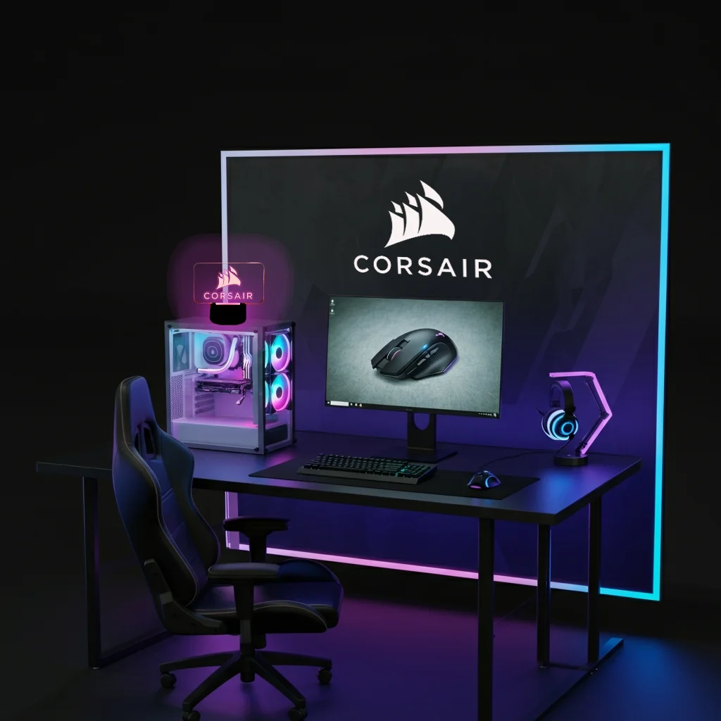 Setup gamer completo da ativação Corsair com iluminação azul e roxa
