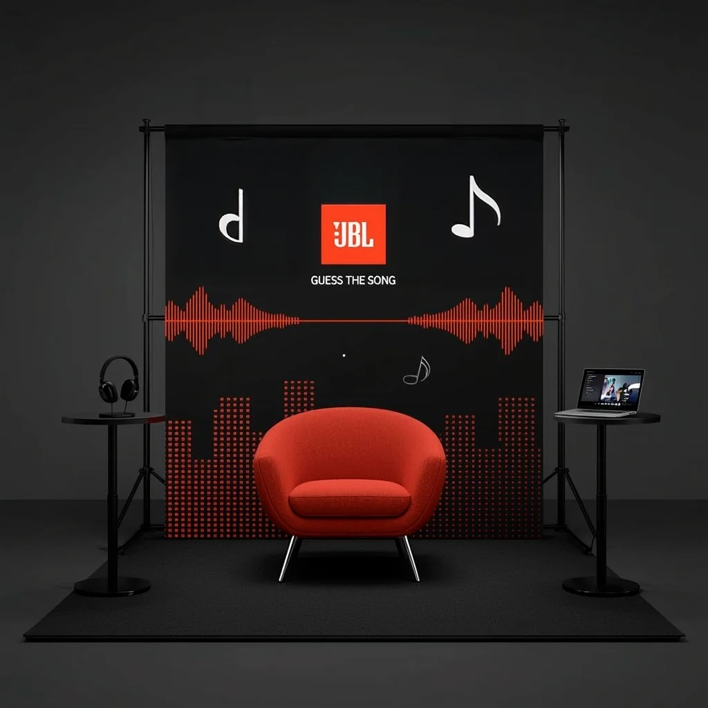 Ativação JBL Guess the Song com poltrona, fones e painel de onda sonora