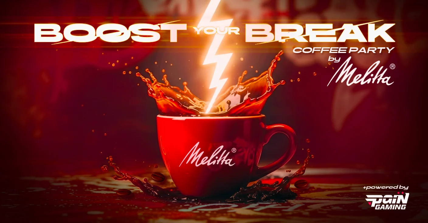 Variação do key visual com assinatura Coffee Party by Melitta powered by paiN Gaming