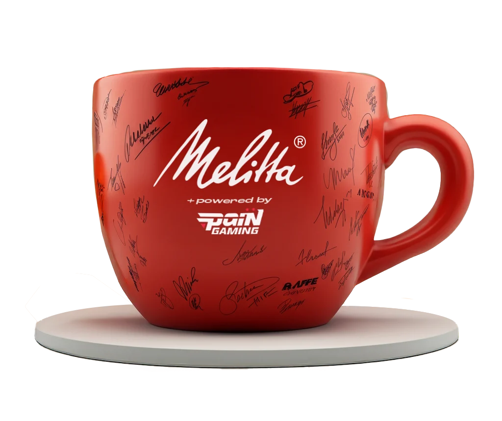 Xícara gigante Melitta assinada pelo time paiN Gaming