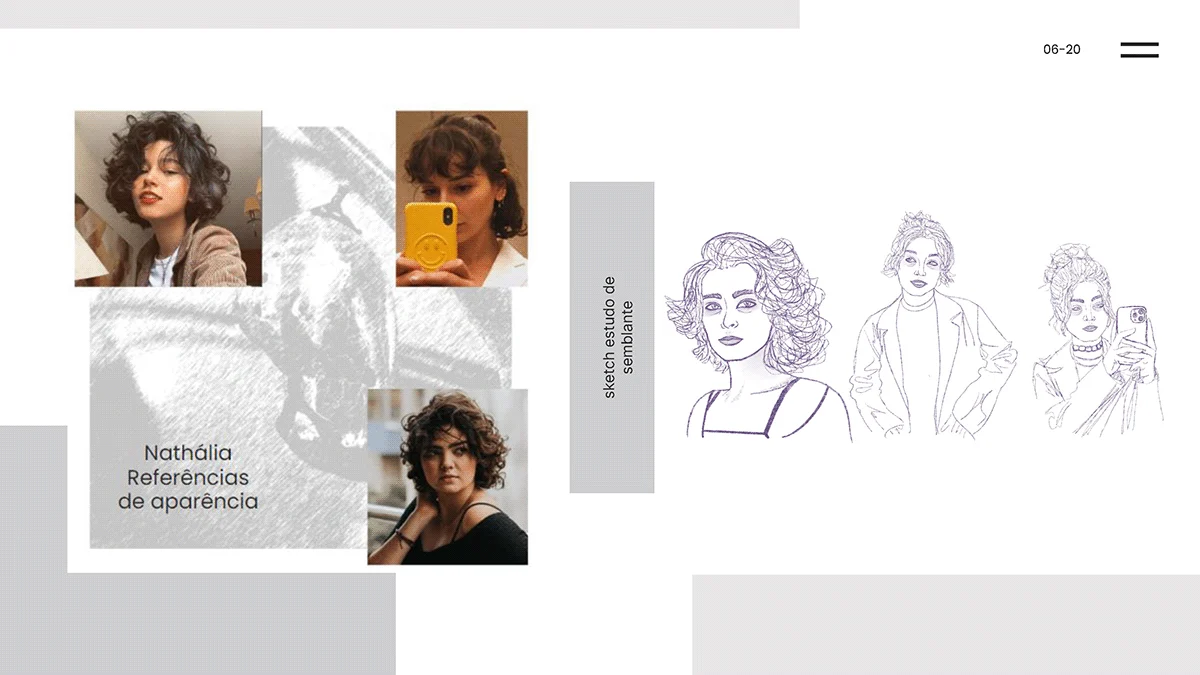 Referências de aparência da personagem e sketches de estudo de semblante