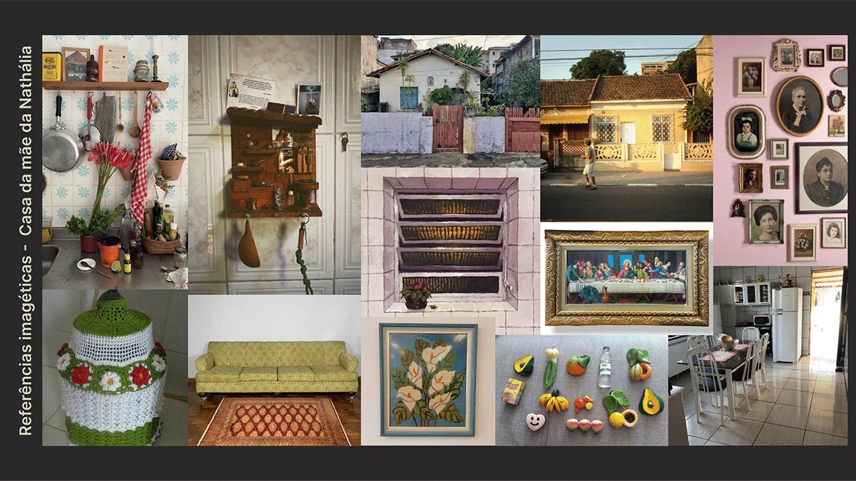 Referências imagéticas da casa da mãe: azulejo, filtro de barro, sofá estampado, parede de retratos