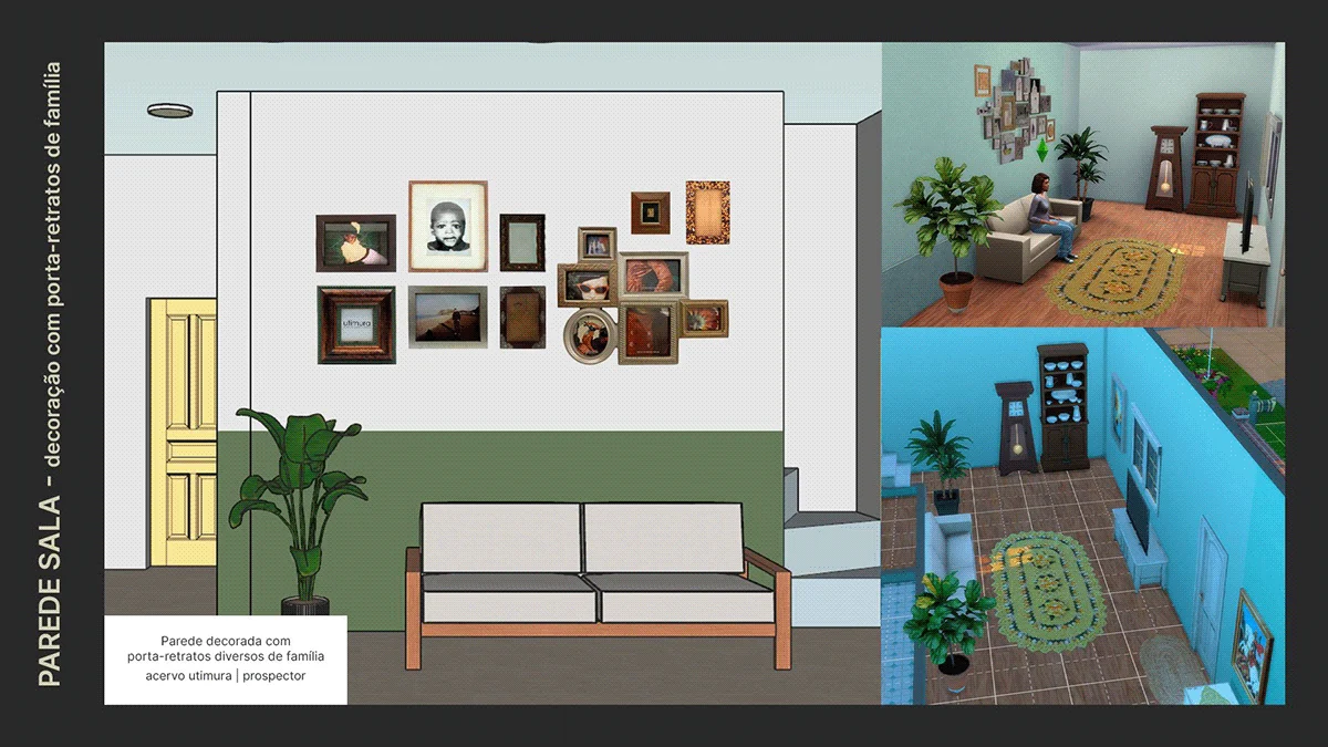 Estudo da parede da sala com porta-retratos de família
