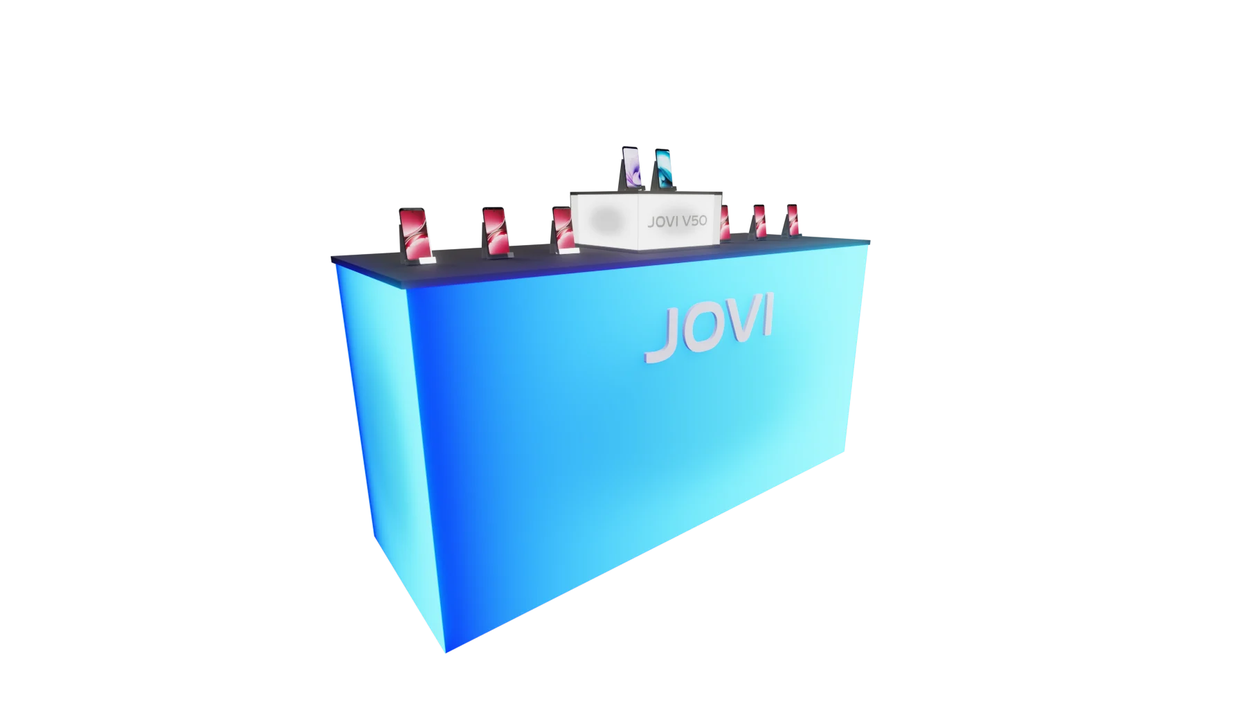 Render do balcão de exposição de produtos com base em luz azul