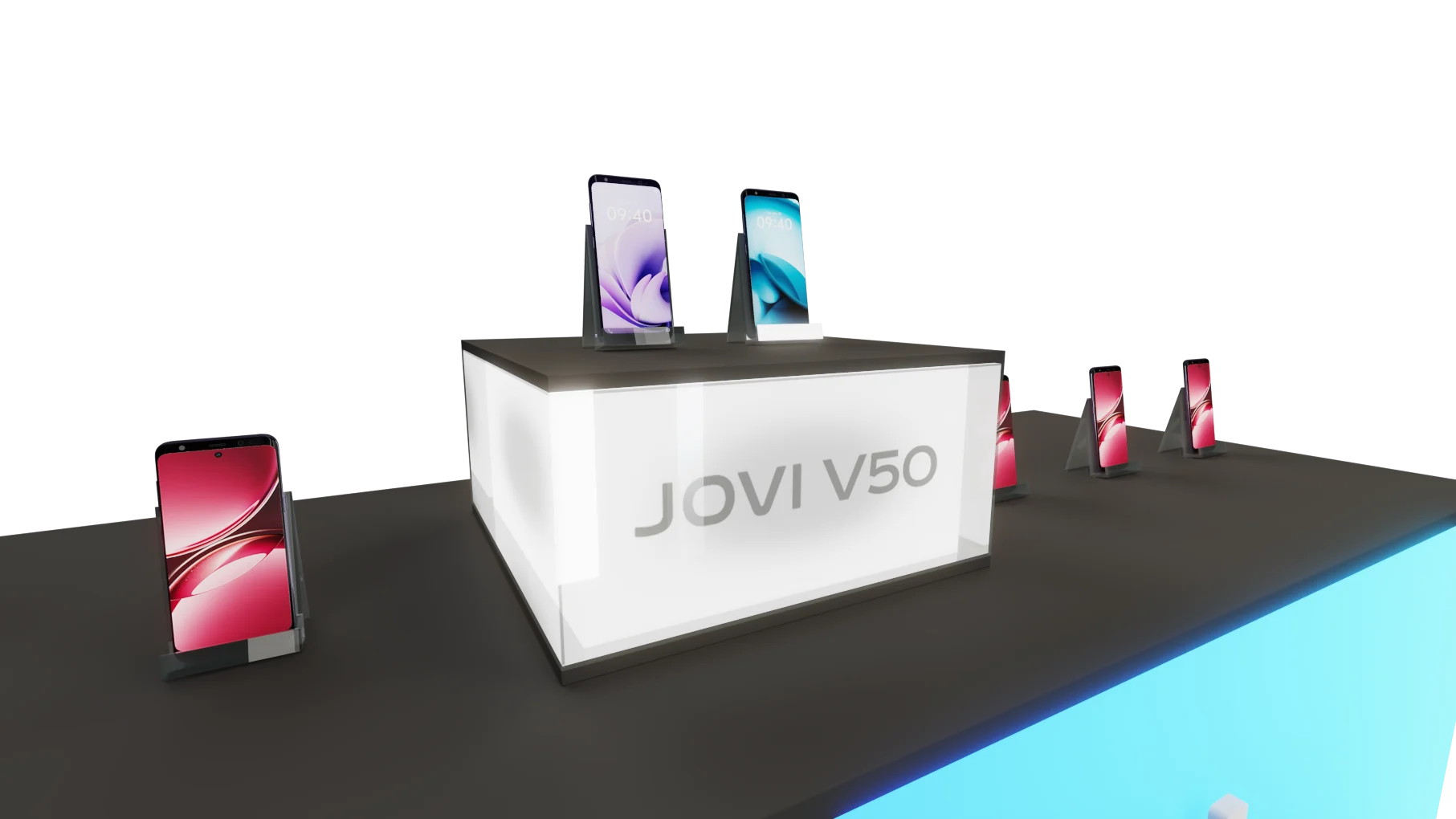 Render da ilha de demonstração dos smartphones em ângulo aberto