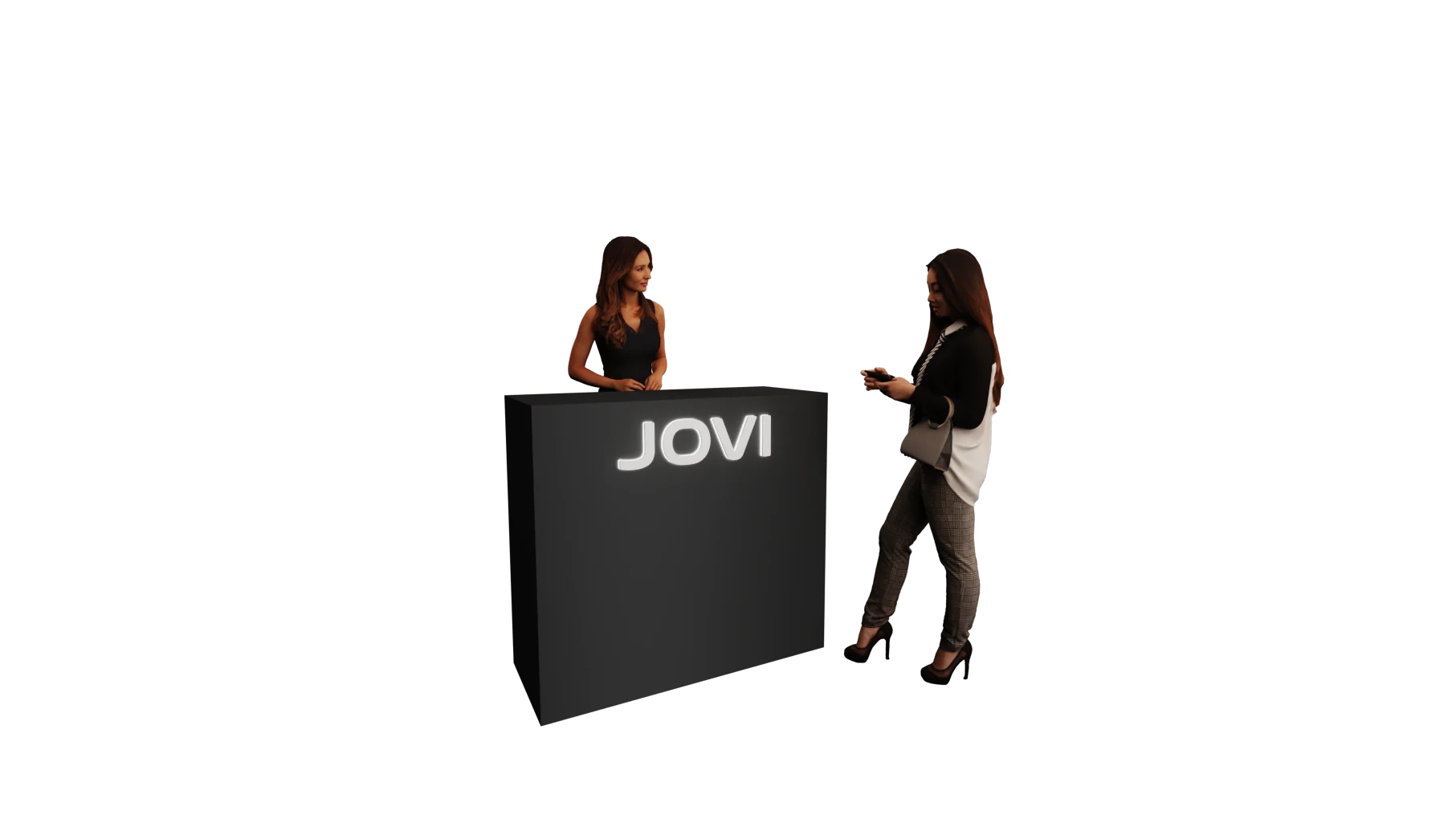 Render do balcão de recepção iluminado com marca JOVI