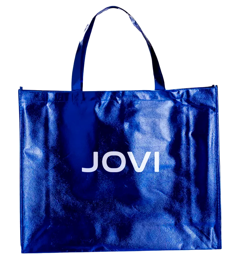 Sacola metalizada azul com marca JOVI
